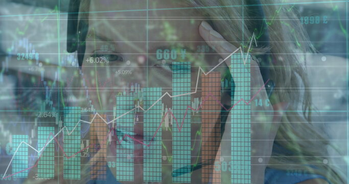 Image of data processing over caucasian businesswoman using phone headset in office