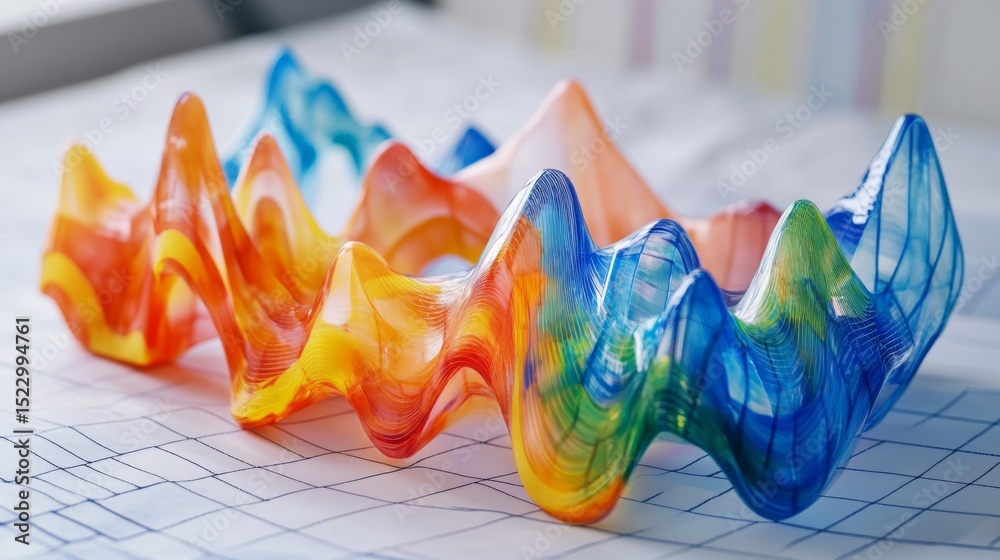 Poster D line graph in vibrant colors on a grid, showing data points connected in a wave pattern, high-tech look and feel.