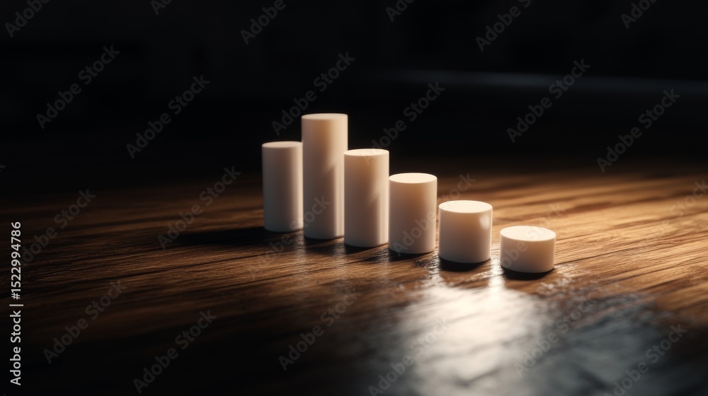 Leinwandbilder D vertical bar graph with textured surfaces reflecting light, arranged on a wooden table, evoking a sense of depth and realism in data visualization.