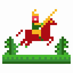 Pixel art knight riding horse with spear, retro gaming graphic