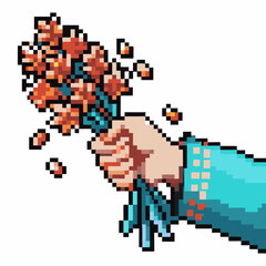 Pixel art bouquet retro 8 bit hand holding flowers, colorful nostalgic digital gift concept