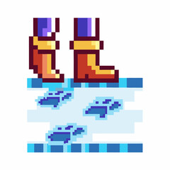 Fototapeta premium Pixel art rain boots and puddles with footprints, retro