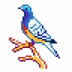 Pixel art bird perched on branch in retro video game vibrant colors, vintage digital graphic