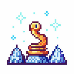 Obraz premium Pixelated golden serpent with spirals and stars against icy peaks backdrop