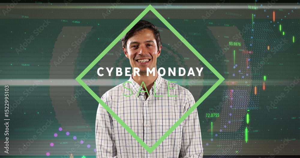 Poster image of cyber monday text and data processing over caucasian man smiling