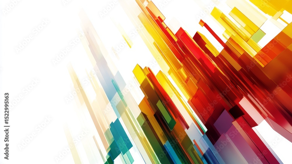 Poster Abstract D bar graph with geometric shapes and bright colors, casting soft shadows on a white background, showcasing a dynamic representation of data.