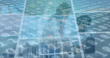 Image of digital padlock and binary code over diverse coworkers in office