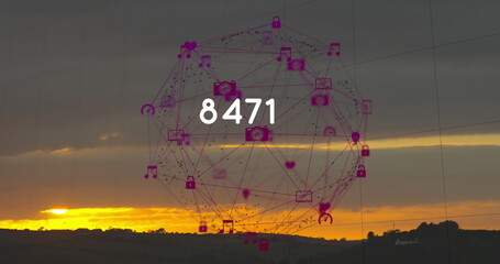 Image of growing number and globe of connections with icons over landscape