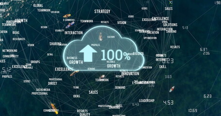 Image of cloud with growing number and network of connections with texts over sea with boats