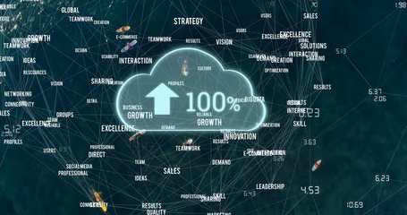Selbstklebende Fototapeten Image of cloud with growing number and network of connections with texts over sea with boats © vectorfusionart