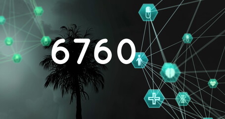 Image of growing number and globe of connections with icons over palm tree and lightning