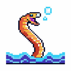 Obraz premium Pixel art sea serpent emerging from waves, retro game design