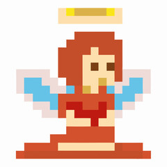 Pixel art angel with halo and wings in red outfit, minimalistic digital design
