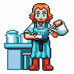 Pixel art barista pouring milk with skillful precision coffee brewing, retro gaming aesthetic