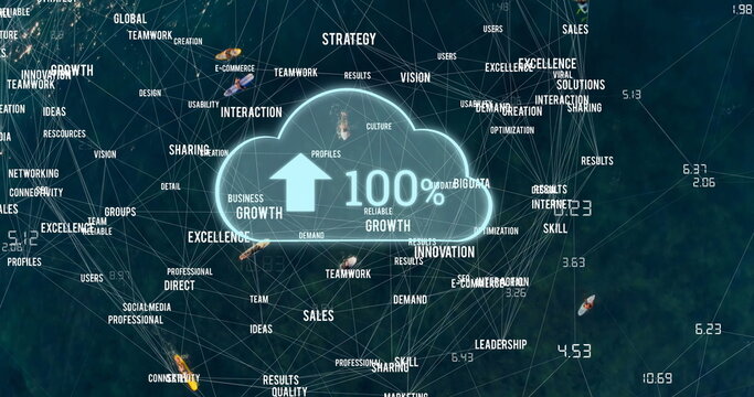 Fototapeta Image of cloud with growing number and network of connections with texts over sea with boats