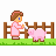 Obraz premium pixel art farmer feeding piglet retro video game style, pixelated character and animal