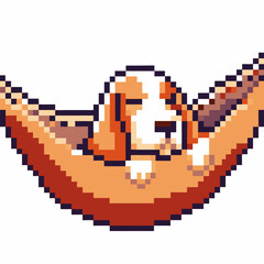 Fototapeta premium Pixel art sleepy dog lounging in hammock relaxed adorable pet, lazy design