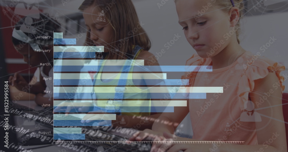Poster image of graphs and data processing over caucasian girl using computer at school