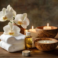 Serene Spa Setting White Orchids, Candles, and Essential Oils