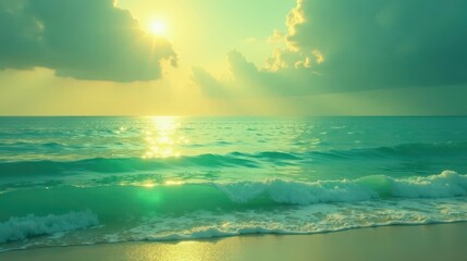 Obraz premium Serene Coastal Scene Sunlit Waves Gently Rolling Onto a Sandy Shore at Sunrise with a Dreamlike, Aquamarine Hue