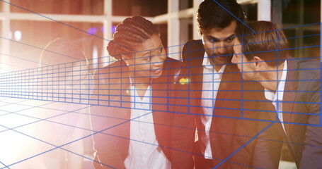 Image of blue lines over diverse business people at office
