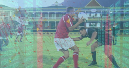Image of data processing over diverse rugby players at stadium