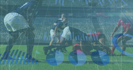 Image of data processing over diverse rugby players at stadium