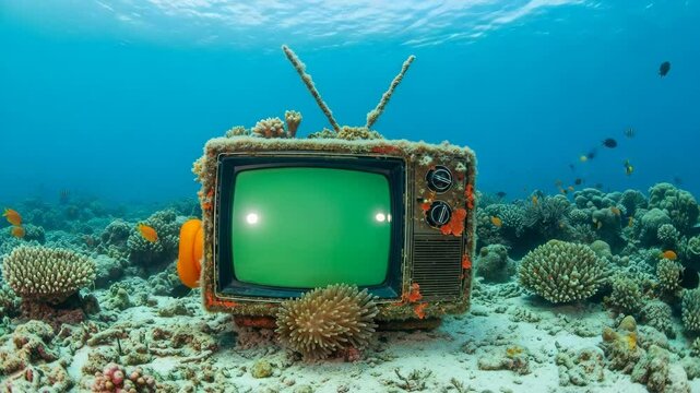 Vintage television with green screen abandoned on coral reef, covered in marine life and surrounded by tropical fish in clear blue ocean

