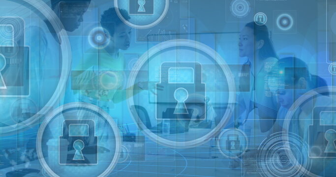 Image of tech icons over diverse coworkers in office