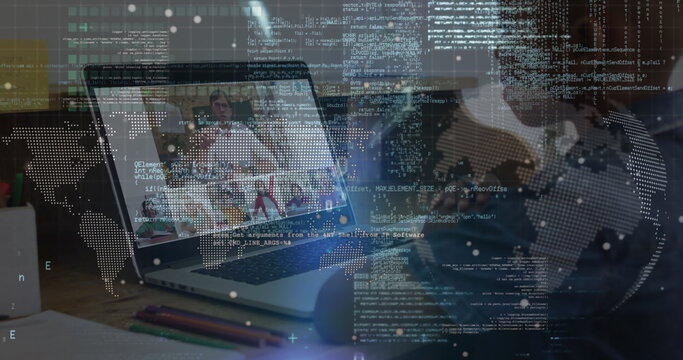 Image of globe and data processing over african american boy having online lessons on laptop