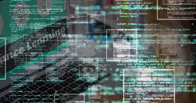 Blending laptop keyboard with code snippets on tech desk, showing world map and node graphics