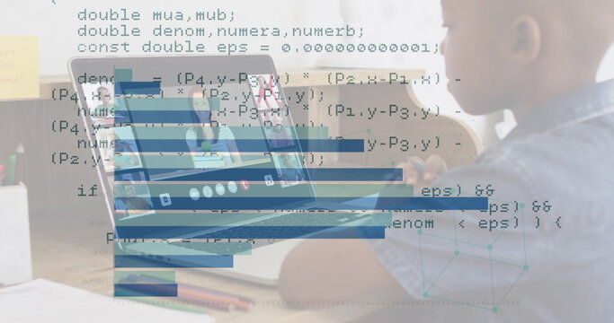 Image of graphs and data processing over african american boy having online lessons on laptop - Powered by Adobe