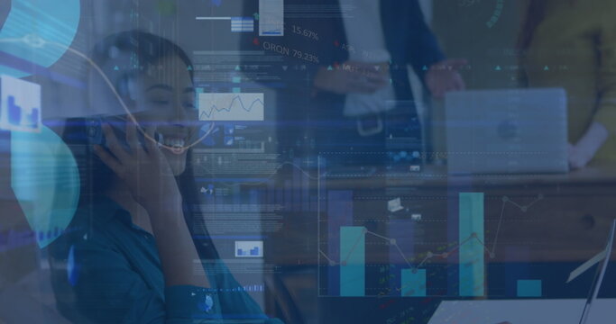 Image of data processing over businesswoman talking on smartphone - Powered by Adobe