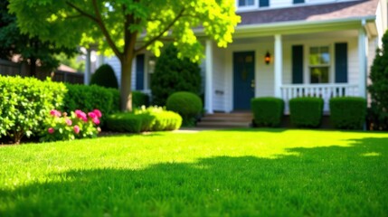 Fototapeta premium Lush Green Lawn in Front of a Charming Suburban Home with Vibrant Flowerbeds