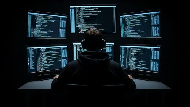 Cybersecurity analyst facing multiple code screens, working in dark room with headphones, immersed in complex digital interface

