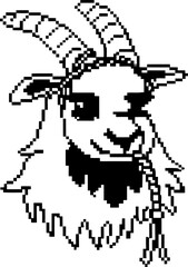 Pixel art goat with distinctive horns, chewing straw retro 8 bit design, black and white