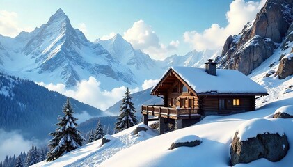 Fototapeta premium Cozy chalet nestled amidst towering snow-capped peaks, perfect for a mountain climbing adventure Imagine the breathtaking views from this idyllic retreat after a challenging climb , escape, cozy