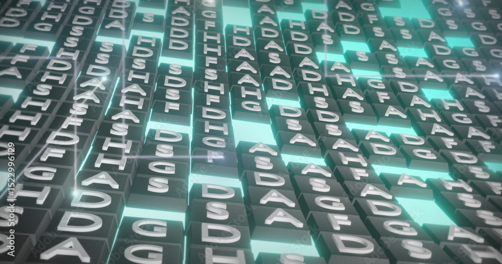 Poster image of glowing light trails over rows of green letters sequencing moving in background
