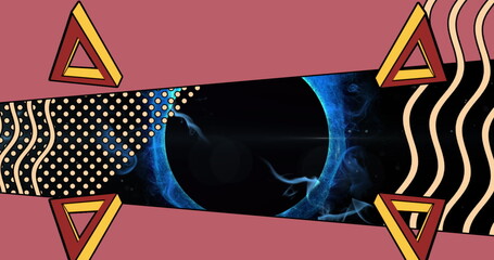 Image of triangles and waves over black circle in dark space