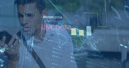 Image of data processing over man using smartphone