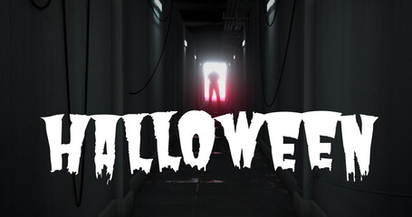 Image of halloween text in white over scary figure backlit in dark corridor