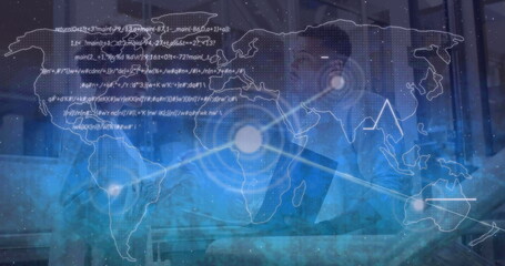 Image of network of connections and world map over two diverse business people