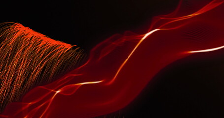 Image of red light trails and undulating 3d red smoke on black background