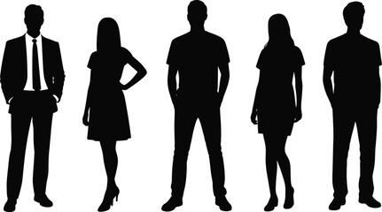 Silhouettes of professional men and women, standing business and casual figures, black vector illustration, group pose