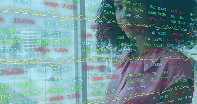 Image of financial graphs and data over african american woman in office