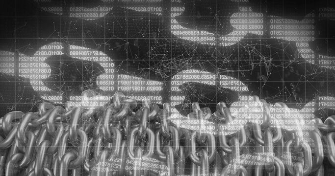 Image of digital block chains, connections with data processing and binary coding