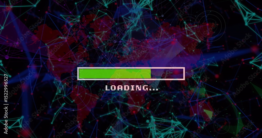 Poster Floating progress bar showing green fill pixel LOADING on screen with world map and network nodes