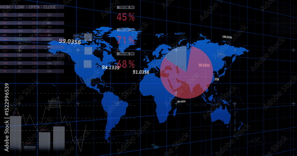 Poster image of financial data processing over globe and red world map