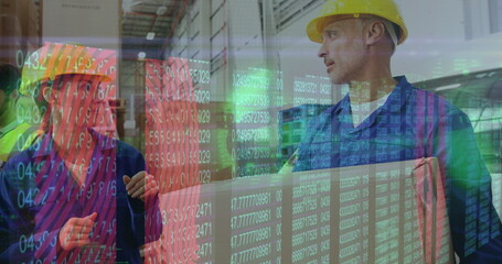 Image of numbers and lights over caucasian male and female warehouse workers