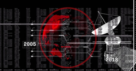 Image of satellite over globe and numbers processing on black background